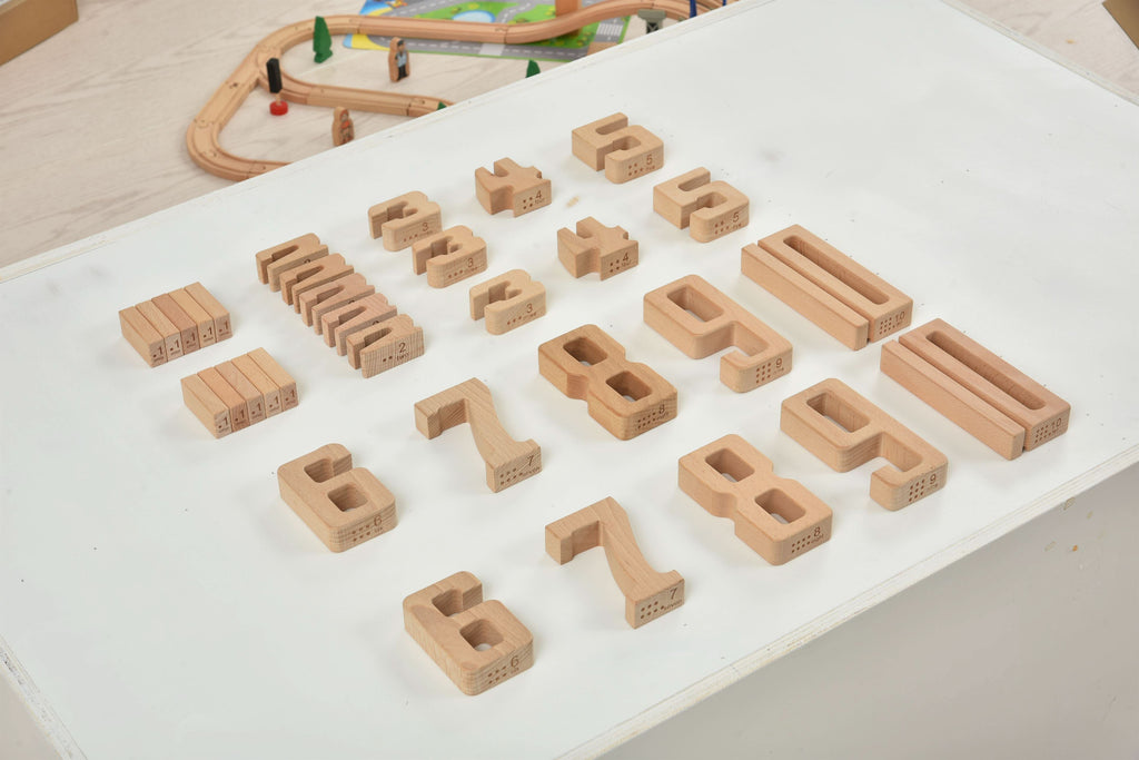 Avenlur number blocks on a Montessori shelf