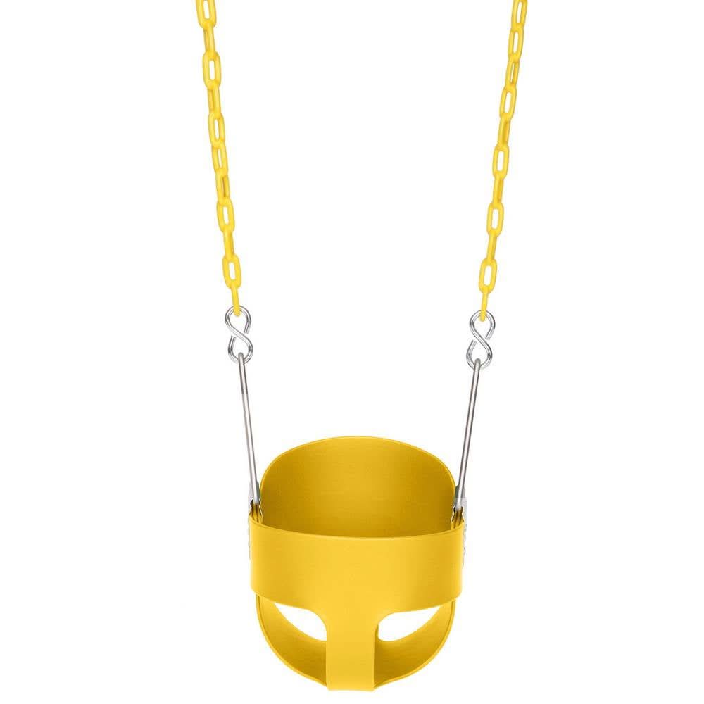 Avenlur toddler bucket swing seat hanging from a wooden swing set