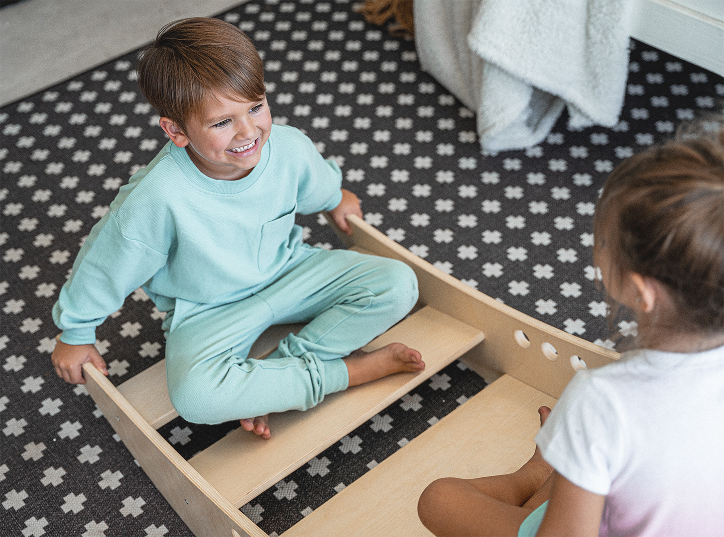 Smiling Children Rocking in Rowan - Avenlur's Reversible Rocking Boat & Bridge